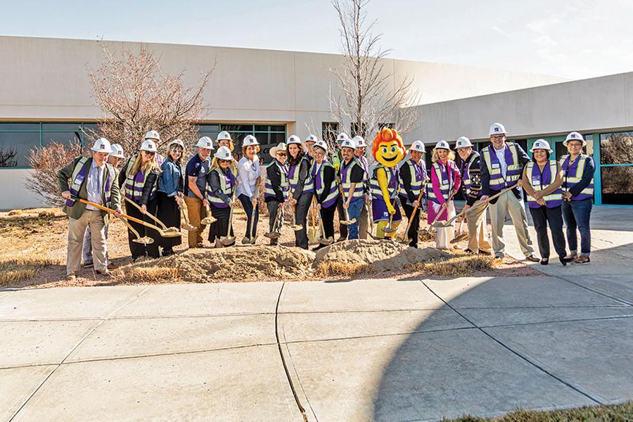 San Juan College (SJC) President Dr. Toni Hopper Pendergrass along with SJC Board of Trustees members, President’s Cabinet members and representatives from Jayne’s Corporation gather with Blaze and other dignitaries to break ground on the new Student Health Center, February 23, 2024.